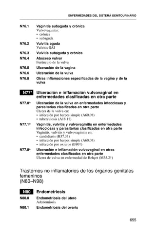 N76.1 Vaginitis subaguda y crónica
Vulvovaginitis:
• crónica
• subaguda
N76.2 Vulvitis aguda
Vulvitis SAI
N76.3 Vulvitis subaguda y crónica
N76.4 Absceso vulvar
Furúnculo de la vulva
N76.5 Ulceración de la vagina
N76.6 Ulceración de la vulva
N76.8 Otras inflamaciones especificadas de la vagina y de la
vulva
N77* Ulceración e inflamación vulvovaginal en
enfermedades clasificadas en otra parte
N77.0* Ulceración de la vulva en enfermedades infecciosas y
parasitarias clasificadas en otra parte
Úlcera de la vulva en:
• infección por herpes simple (A60.0†)
• tuberculosis (A18.1†)
N77.1* Vaginitis, vulvitis y vulvovaginitis en enfermedades
infecciosas y parasitarias clasificadas en otra parte
Vaginitis, vulvitis y vulvovaginitis en:
• candidiasis (B37.3†)
• infección por herpes simple (A60.0†)
• infección por oxiuros (B80†)
N77.8* Ulceración e inflamación vulvovaginal en otras
enfermedades clasificadas en otra parte
Úlcera de vulva en enfermedad de Behçet (M35.2†)
Trastornos no inflamatorios de los órganos genitales
femeninos
(N80–N98)
N80 Endometriosis
N80.0 Endometriosis del útero
Adenomiosis
N80.1 Endometriosis del ovario
ENFERMEDADES DEL SISTEMA GENITOURINARIO
655
 