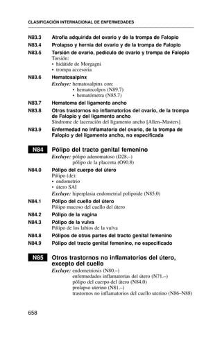 N83.3 Atrofia adquirida del ovario y de la trompa de Falopio
N83.4 Prolapso y hernia del ovario y de la trompa de Falopio
N83.5 Torsión de ovario, pedículo de ovario y trompa de Falopio
Torsión:
• hidátide de Morgagni
• trompa accesoria
N83.6 Hematosalpinx
Excluye: hematosalpinx con:
• hematocolpos (N89.7)
• hematómetra (N85.7)
N83.7 Hematoma del ligamento ancho
N83.8 Otros trastornos no inflamatorios del ovario, de la trompa
de Falopio y del ligamento ancho
Síndrome de laceración del ligamento ancho [Allen–Masters]
N83.9 Enfermedad no inflamatoria del ovario, de la trompa de
Falopio y del ligamento ancho, no especificada
N84 Pólipo del tracto genital femenino
Excluye: pólipo adenomatoso (D28.–)
pólipo de la placenta (O90.8)
N84.0 Pólipo del cuerpo del útero
Pólipo (de):
• endometrio
• útero SAI
Excluye: hiperplasia endometrial polipoide (N85.0)
N84.1 Pólipo del cuello del útero
Pólipo mucoso del cuello del útero
N84.2 Pólipo de la vagina
N84.3 Pólipo de la vulva
Pólipo de los labios de la vulva
N84.8 Pólipos de otras partes del tracto genital femenino
N84.9 Pólipo del tracto genital femenino, no especificado
N85 Otros trastornos no inflamatorios del útero,
excepto del cuello
Excluye: endometriosis (N80.–)
enfermedades inflamatorias del útero (N71.–)
pólipo del cuerpo del útero (N84.0)
prolapso uterino (N81.–)
trastornos no inflamatorios del cuello uterino (N86–N88)
CLASIFICACIÓN INTERNACIONAL DE ENFERMEDADES
658
 