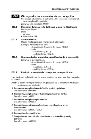 O02 Otros productos anormales de la concepción
Use código adicional de la categoría O08.–, si desea identificar al-
guna complicación asociada.
Excluye: feto papiráceo (O31.0)
O02.0 Detención del desarrollo del huevo y mola no hidatiforme
Huevo patológico
Mola:
• carnosa
• intrauterina SAI
O02.1 Aborto retenido
Muerte fetal precoz, con retención del feto muerto
Excluye: Aborto retenido con:
• detención del desarrollo del huevo (O02.0)
• mola:
• hidatiforme (O01.–)
• no hidatiforme (O02.0)
O02.8 Otros productos anormales especificados de la concepción
Excluye: la asociación con:
• detención del desarrollo del huevo (O02.0)
• mola:
• hidatiforme (O01.–)
• no hidatiforme (O02.0)
O02.9 Producto anormal de la concepción, no especificado
Las siguientes subdivisiones de cuarto carácter se usan con las categorías
O03–O06:
Nota: El aborto incompleto incluye los productos de la concepción retenidos a
continuación de un aborto.
.0 Incompleto, complicado con infección genital y pelviana
Con afecciones en O08.0
.1 Incompleto, complicado por hemorragia excesiva o tardía
Con afecciones en O08.1
.2 Incompleto, complicado por embolia
Con afecciones en O08.2
.3 Incompleto, con otras complicaciones especificadas y las no
especificadas
Con afecciones en O08.3–O08.9
.4 Incompleto, sin complicación
.5 Completo o no especificado, complicado con infección genital y
pelviana
Con afecciones en O08.0
EMBARAZO, PARTO Y PUERPERIO
669
 