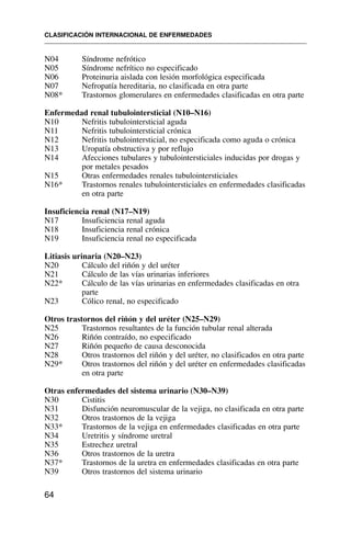 N04 Síndrome nefrótico
N05 Síndrome nefrítico no especificado
N06 Proteinuria aislada con lesión morfológica especificada
N07 Nefropatía hereditaria, no clasificada en otra parte
N08* Trastornos glomerulares en enfermedades clasificadas en otra parte
Enfermedad renal tubulointersticial (N10–N16)
N10 Nefritis tubulointersticial aguda
N11 Nefritis tubulointersticial crónica
N12 Nefritis tubulointersticial, no especificada como aguda o crónica
N13 Uropatía obstructiva y por reflujo
N14 Afecciones tubulares y tubulointersticiales inducidas por drogas y
por metales pesados
N15 Otras enfermedades renales tubulointersticiales
N16* Trastornos renales tubulointersticiales en enfermedades clasificadas
en otra parte
Insuficiencia renal (N17–N19)
N17 Insuficiencia renal aguda
N18 Insuficiencia renal crónica
N19 Insuficiencia renal no especificada
Litiasis urinaria (N20–N23)
N20 Cálculo del riñón y del uréter
N21 Cálculo de las vías urinarias inferiores
N22* Cálculo de las vías urinarias en enfermedades clasificadas en otra
parte
N23 Cólico renal, no especificado
Otros trastornos del riñón y del uréter (N25–N29)
N25 Trastornos resultantes de la función tubular renal alterada
N26 Riñón contraído, no especificado
N27 Riñón pequeño de causa desconocida
N28 Otros trastornos del riñón y del uréter, no clasificados en otra parte
N29* Otros trastornos del riñón y del uréter en enfermedades clasificadas
en otra parte
Otras enfermedades del sistema urinario (N30–N39)
N30 Cistitis
N31 Disfunción neuromuscular de la vejiga, no clasificada en otra parte
N32 Otros trastornos de la vejiga
N33* Trastornos de la vejiga en enfermedades clasificadas en otra parte
N34 Uretritis y síndrome uretral
N35 Estrechez uretral
N36 Otros trastornos de la uretra
N37* Trastornos de la uretra en enfermedades clasificadas en otra parte
N39 Otros trastornos del sistema urinario
CLASIFICACIÓN INTERNACIONAL DE ENFERMEDADES
64
 