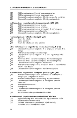 Q25 Malformaciones congénitas de las grandes arterias
Q26 Malformaciones congénitas de las grandes venas
Q27 Otras malformaciones congénitas del sistema vascular periférico
Q28 Otras malformaciones congénitas del sistema circulatorio
Malformaciones congénitas del sistema respiratorio (Q30–Q34)
Q30 Malformaciones congénitas de la nariz
Q31 Malformaciones congénitas de la laringe
Q32 Malformaciones congénitas de la tráquea y de los bronquios
Q33 Malformaciones congénitas del pulmón
Q34 Otras malformaciones congénitas del sistema respiratorio
Fisura del paladar y labio leporino (Q35–Q37)
Q35 Fisura del paladar
Q36 Labio leporino
Q37 Fisura del paladar con labio leporino
Otras malformaciones congénitas del sistema digestivo (Q38–Q45)
Q38 Otras malformaciones congénitas de la lengua, de la boca y de la
faringe
Q39 Malformaciones congénitas del esófago
Q40 Otras malformaciones congénitas de la parte superior del tubo
digestivo
Q41 Ausencia, atresia y estenosis congénita del intestino delgado
Q42 Ausencia, atresia y estenosis congénita del intestino grueso
Q43 Otras malformaciones congénitas del intestino
Q44 Malformaciones congénitas de la vesícula biliar, de los conductos
biliares y del hígado
Q45 Otras malformaciones congénitas del sistema digestivo
Malformaciones congénitas de los órganos genitales (Q50–Q56)
Q50 Malformaciones congénitas de los ovarios, de las trompas de
Falopio y de los ligamentos anchos
Q51 Malformaciones congénitas del útero y del cuello uterino
Q52 Otras malformaciones congénitas de los órganos genitales
femeninos
Q53 Testículo no descendido
Q54 Hipospadias
Q55 Otras malformaciones congénitas de los órganos genitales
masculinos
Q56 Sexo indeterminado y seudohermafroditismo
Malformaciones congénitas del sistema urinario (Q60–Q64)
Q60 Agenesia renal y otras malformaciones hipoplásicas del riñón
Q61 Enfermedad quística del riñón
Q62 Defectos obstructivos congénitos de la pelvis renal y
malformaciones congénitas del uréter
CLASIFICACIÓN INTERNACIONAL DE ENFERMEDADES
72
 