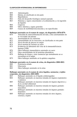 R59 Adenomegalia
R60 Edema, no clasificado en otra parte
R61 Hiperhidrosis
R62 Falta del desarrollo fisiológico normal esperado
R63 Síntomas y signos concernientes a la alimentación y a la ingestión
de líquidos
R64 Caquexia
R68 Otros síntomas y signos generales
R69 Causas de morbilidad desconocidas y no especificadas
Hallazgos anormales en el examen de sangre, sin diagnóstico (R70–R79)
R70 Velocidad de eritrosedimentación elevada y otras anormalidades de
la viscosidad del plasma
R71 Anormalidad de los eritrocitos
R72 Anormalidades de los leucocitos, no clasificadas en otra parte
R73 Nivel elevado de glucosa en sangre
R74 Nivel anormal de enzimas en suero
R75 Evidencias de laboratorio del virus de la inmunodeficiencia
humana [VIH]
R76 Otros hallazgos inmunológicos anormales en suero
R77 Otras anormalidades de las proteínas plasmáticas
R78 Hallazgo de drogas y otras sustancias que normalmente no se
encuentran en la sangre
R79 Otros hallazgos anormales en la química sanguínea
Hallazgos anormales en el examen de orina, sin diagnóstico (R80–R82)
R80 Proteinuria aislada
R81 Glucosuria
R82 Otros hallazgos anormales en la orina
Hallazgos anormales en el examen de otros líquidos, sustancias y tejidos
corporales, sin diagnóstico (R83–R89)
R83 Hallazgos anormales en el líquido cefalorraquídeo
R84 Hallazgos anormales en muestras tomadas de órganos respiratorios
y torácicos
R85 Hallazgos anormales en muestras tomadas de órganos digestivos y
de la cavidad abdominal
R86 Hallazgos anormales en muestras tomadas de órganos genitales
masculinos
R87 Hallazgos anormales en muestras tomadas de órganos genitales
femeninos
R89 Hallazgos anormales en muestras tomadas de otros órganos,
sistemas y tejidos
CLASIFICACIÓN INTERNACIONAL DE ENFERMEDADES
76
 