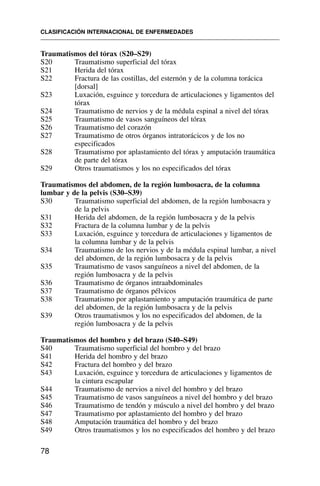 Traumatismos del tórax (S20–S29)
S20 Traumatismo superficial del tórax
S21 Herida del tórax
S22 Fractura de las costillas, del esternón y de la columna torácica
[dorsal]
S23 Luxación, esguince y torcedura de articulaciones y ligamentos del
tórax
S24 Traumatismo de nervios y de la médula espinal a nivel del tórax
S25 Traumatismo de vasos sanguíneos del tórax
S26 Traumatismo del corazón
S27 Traumatismo de otros órganos intratorácicos y de los no
especificados
S28 Traumatismo por aplastamiento del tórax y amputación traumática
de parte del tórax
S29 Otros traumatismos y los no especificados del tórax
Traumatismos del abdomen, de la región lumbosacra, de la columna
lumbar y de la pelvis (S30–S39)
S30 Traumatismo superficial del abdomen, de la región lumbosacra y
de la pelvis
S31 Herida del abdomen, de la región lumbosacra y de la pelvis
S32 Fractura de la columna lumbar y de la pelvis
S33 Luxación, esguince y torcedura de articulaciones y ligamentos de
la columna lumbar y de la pelvis
S34 Traumatismo de los nervios y de la médula espinal lumbar, a nivel
del abdomen, de la región lumbosacra y de la pelvis
S35 Traumatismo de vasos sanguíneos a nivel del abdomen, de la
región lumbosacra y de la pelvis
S36 Traumatismo de órganos intraabdominales
S37 Traumatismo de órganos pélvicos
S38 Traumatismo por aplastamiento y amputación traumática de parte
del abdomen, de la región lumbosacra y de la pelvis
S39 Otros traumatismos y los no especificados del abdomen, de la
región lumbosacra y de la pelvis
Traumatismos del hombro y del brazo (S40–S49)
S40 Traumatismo superficial del hombro y del brazo
S41 Herida del hombro y del brazo
S42 Fractura del hombro y del brazo
S43 Luxación, esguince y torcedura de articulaciones y ligamentos de
la cintura escapular
S44 Traumatismo de nervios a nivel del hombro y del brazo
S45 Traumatismo de vasos sanguíneos a nivel del hombro y del brazo
S46 Traumatismo de tendón y músculo a nivel del hombro y del brazo
S47 Traumatismo por aplastamiento del hombro y del brazo
S48 Amputación traumática del hombro y del brazo
S49 Otros traumatismos y los no especificados del hombro y del brazo
CLASIFICACIÓN INTERNACIONAL DE ENFERMEDADES
78
 