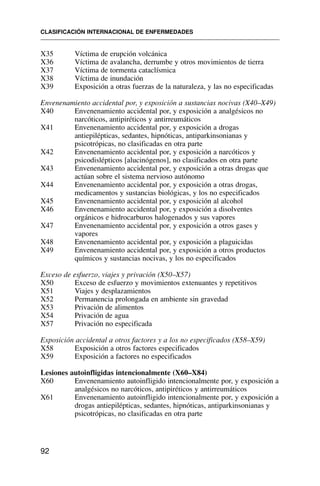 X35 Víctima de erupción volcánica
X36 Víctima de avalancha, derrumbe y otros movimientos de tierra
X37 Víctima de tormenta cataclísmica
X38 Víctima de inundación
X39 Exposición a otras fuerzas de la naturaleza, y las no especificadas
Envenenamiento accidental por, y exposición a sustancias nocivas (X40–X49)
X40 Envenenamiento accidental por, y exposición a analgésicos no
narcóticos, antipiréticos y antirreumáticos
X41 Envenenamiento accidental por, y exposición a drogas
antiepilépticas, sedantes, hipnóticas, antiparkinsonianas y
psicotrópicas, no clasificadas en otra parte
X42 Envenenamiento accidental por, y exposición a narcóticos y
psicodislépticos [alucinógenos], no clasificados en otra parte
X43 Envenenamiento accidental por, y exposición a otras drogas que
actúan sobre el sistema nervioso autónomo
X44 Envenenamiento accidental por, y exposición a otras drogas,
medicamentos y sustancias biológicas, y los no especificados
X45 Envenenamiento accidental por, y exposición al alcohol
X46 Envenenamiento accidental por, y exposición a disolventes
orgánicos e hidrocarburos halogenados y sus vapores
X47 Envenenamiento accidental por, y exposición a otros gases y
vapores
X48 Envenenamiento accidental por, y exposición a plaguicidas
X49 Envenenamiento accidental por, y exposición a otros productos
químicos y sustancias nocivas, y los no especificados
Exceso de esfuerzo, viajes y privación (X50–X57)
X50 Exceso de esfuerzo y movimientos extenuantes y repetitivos
X51 Viajes y desplazamientos
X52 Permanencia prolongada en ambiente sin gravedad
X53 Privación de alimentos
X54 Privación de agua
X57 Privación no especificada
Exposición accidental a otros factores y a los no especificados (X58–X59)
X58 Exposición a otros factores especificados
X59 Exposición a factores no especificados
Lesiones autoinfligidas intencionalmente (X60–X84)
X60 Envenenamiento autoinfligido intencionalmente por, y exposición a
analgésicos no narcóticos, antipiréticos y antirreumáticos
X61 Envenenamiento autoinfligido intencionalmente por, y exposición a
drogas antiepilépticas, sedantes, hipnóticas, antiparkinsonianas y
psicotrópicas, no clasificadas en otra parte
CLASIFICACIÓN INTERNACIONAL DE ENFERMEDADES
92
 
