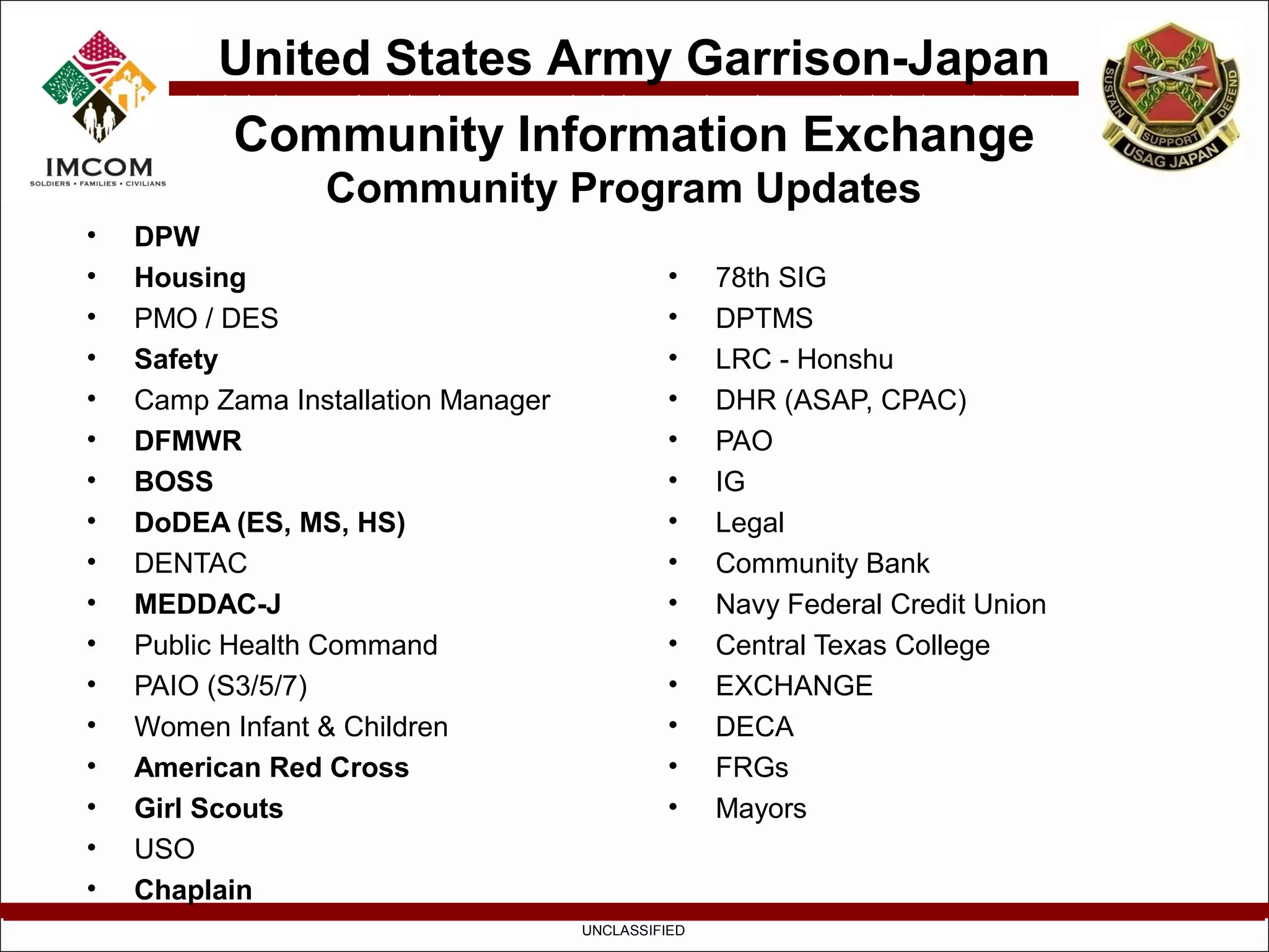 United States Army Garrison-Japan
           Community Information Exchange
                 Community Program Updates
•   DPW
•   Housing                                    •    78th SIG
•   PMO / DES                                  •    DPTMS
•   Safety                                     •    LRC - Honshu
•   Camp Zama Installation Manager             •    DHR (ASAP, CPAC)
•   DFMWR                                      •    PAO
•   BOSS                                       •    IG
•   DoDEA (ES, MS, HS)                         •    Legal
•   DENTAC                                     •    Community Bank
•   MEDDAC-J                                   •    Navy Federal Credit Union
•   Public Health Command                      •    Central Texas College
•   PAIO (S3/5/7)                              •    EXCHANGE
•   Women Infant & Children                    •    DECA
•   American Red Cross                         •    FRGs
•   Girl Scouts                                •    Mayors
•   USO
•   Chaplain
                                     UNCLASSIFIED
 