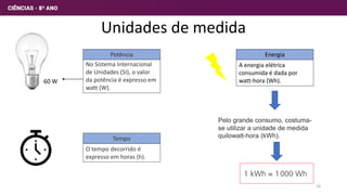 Unidades de medida
60 W
No Sistema Internacional
de Unidades (SI), o valor
da potência é expresso em
watt (W).
Potência
O tempo decorrido é
expresso em horas (h).
Tempo
A energia elétrica
consumida é dada por
watt-hora (Wh).
Energia
Pelo grande consumo, costuma-
se utilizar a unidade de medida
quilowatt-hora (kWh).
16
 