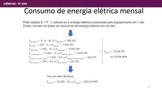 Consumo de energia elétrica mensal
Pela relação E = P  t, calcula-se a energia elétrica consumida pelo equipamento em 1 dia.
Então, somam-se todos os consumos de energia elétrica em um dia.
ou 13,438 kWh
Em um mês (30 dias):
18
 