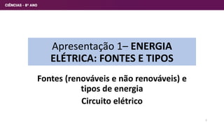 Apresentação 1– ENERGIA
ELÉTRICA: FONTES E TIPOS
Fontes (renováveis e não renováveis) e
tipos de energia
Circuito elétrico
2
 