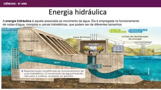 Energia hidráulica
A energia hidráulica é aquela associada ao movimento da água. Ela é empregada no funcionamento
de rodas-d’água, monjolos e usinas hidrelétricas, que podem ser de diferentes tamanhos.
8
 