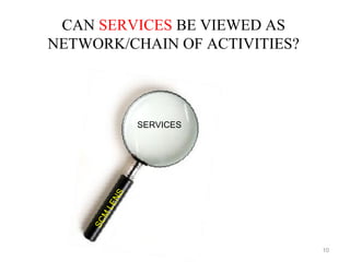 CAN SERVICES BE VIEWED AS
NETWORK/CHAIN OF ACTIVITIES?




               SERVICES
         N S
      LE
       M
    SC

...