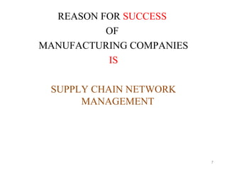 REASON FOR SUCCESS
          OF
MANUFACTURING COMPANIES
          IS

 SUPPLY CHAIN NETWORK
      MANAGEMENT




         ...