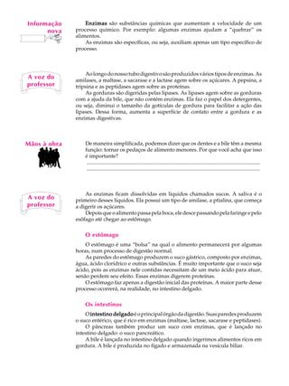 Informação
    A U L A       Enzimas são substâncias químicas que aumentam a velocidade de um
       nova   processo químico. Por exemplo: algumas enzimas ajudam a “quebrar” os

   60         alimentos.
                  As enzimas são específicas, ou seja, auxiliam apenas um tipo específico de
              processo.



                  Ao longo do nosso tubo digestivo são produzidos vários tipos de enzimas. As
A voz do      amilases, a maltase, a sacarase e a lactase agem sobre os açúcares. A pepsina, a
professor     tripsina e as peptidases agem sobre as proteínas.
                  As gorduras são digeridas pelas lipases. As lipases agem sobre as gorduras
              com a ajuda da bile, que não contém enzimas. Ela faz o papel dos detergentes,
              ou seja, diminui o tamanho da gotículas de gordura para facilitar a ação das
              lipases. Dessa forma, aumenta a superfície de contato entre a gordura e as
              enzimas digestivas.



Mãos à obra       De maneira simplificada, podemos dizer que os dentes e a bile têm a mesma
                  função: tornar os pedaços de alimento menores. Por que você acha que isso
                  é importante?
                   ..................................................................................................................................
                   ..................................................................................................................................



                  As enzimas ficam dissolvidas em líquidos chamados sucos. A saliva é o
A voz do      primeiro desses líquidos. Ela possui um tipo de amilase, a ptialina, que começa
professor     a digerir os açúcares.
                  Depois que o alimento passa pela boca, ele desce passando pela faringe e pelo
              esôfago até chegar ao estômago.

                  O estômago
                  O estômago é uma “bolsa” na qual o alimento permanecerá por algumas
              horas, num processo de digestão normal.
                  As paredes do estômago produzem o suco gástrico, composto por enzimas,
              água, ácido clorídrico e outras substâncias. É muito importante que o suco seja
              ácido, pois as enzimas nele contidas necessitam de um meio ácido para atuar,
              senão perdem seu efeito. Essas enzimas digerem proteínas.
                  O estômago faz apenas a digestão inicial das proteínas. A maior parte desse
              processo ocorrerá, na realidade, no intestino delgado.

                  Os intestinos
                  O intestino delgado é o principal órgão da digestão. Suas paredes produzem
              o suco entérico, que é rico em enzimas (maltase, lactase, sacarase e peptidases).
                  O pâncreas também produz um suco com enzimas, que é lançado no
              intestino delgado: o suco pancreático.
                  A bile é lançada no intestino delgado quando ingerimos alimentos ricos em
              gordura. A bile é produzida no fígado e armazenada na vesícula biliar.
 
