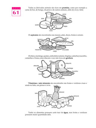 A U L A       Todos os derivados animais são ricos em proteína como por exemplo a
                                                          proteína,
          carne de boi, de frango, de peixe e de outros animais, além de ovos e leite.

61                                                             peixe


                                  leite                                      bife



                       queijo
                                                                feijão

                                            ovos


              Os açúcares são encontrados nas massas, pães, doces, frutas e cereais.
                                                                     arroz
                           banana
                                                                               pão




                       macarrão                               chocolate
                                                   maçã


              Os óleos, manteiga, queijos, embutidos (salame, lingüiça, salsicha), toucinho,
          castanhas e frutas como abacate e coco são ricos em gordura
                                                                gordura.
                                            óleo
                                                                     presunto
                     abacate
                                                                       manteiga

                                                                                    toucinho
                               coco


                                                          salsicha


              Vitaminas e sais minerais são encontrados nas frutas e verduras cruas e
          ainda no leite, em peixes e ovos.


                                                          abacaxi
                       leite
                                          alface
                                                                                     cenoura




                          ovos                                          laranja
                                               tomate


              Todos os alimentos possuem certo teor de água mas frutas e verduras
                                                       água,
          possuem maior quantidade dela.
 