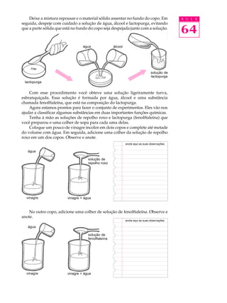 Deixe a mistura repousar e o material sólido assentar no fundo do copo. Em                 A U L A
seguida, despeje com cuidado a solução de água, álcool e lactopurga, evitando
que a parte sólida que está no fundo do copo seja despejada junto com a solução.
                                                                                               64
                                  água               álcool




                                                                                 solução de
                                                                                 lactopurga
 lactopurga


    Com esse procedimento você obteve uma solução ligeiramente turva,
esbranquiçada. Essa solução é formada por água, álcool e uma substância
chamada fenolftaleína, que está na composição do lactopurga.
    Agora estamos prontos para fazer o conjunto de experimentos. Eles vão nos
ajudar a classificar algumas substâncias em duas importantes funções químicas.
    Tenha à mão as soluções de repolho roxo e lactopurga (fenolftaleína) que
você preparou e uma colher de sopa para cada uma delas.
    Coloque um pouco de vinagre incolor em dois copos e complete até metade
do volume com água. Em seguida, adicione uma colher da solução de repolho
roxo em um dos copos. Observe e anote.
                                                              anote aqui as suas observações

   água

                                     solução de
                                     repolho roxo




  vinagre                vinagre + água



    No outro copo, adicione uma colher de solução de fenolftaleína. Observe e
anote.
                                                              anote aqui as suas observações

   água

                                     solução de
                                     fenolftaleína




  vinagre                vinagre + água
 