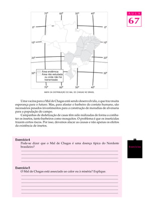 A U L A


                                                                                                                                         67




                                     MAPA DA DISTRIBUIÇÃO DO MAL DE CHAGAS NO BRASIL




     Uma vacina para o Mal de Chagas está sendo desenvolvida, o que traz muita
esperança para o futuro. Mas, para afastar o barbeiro do contato humano, são
necessários pesados investimentos para a construção de moradias de alvenaria
para a população do campo.
     Campanhas de dedetização de casas têm sido realizadas de forma a comba-
ter os insetos, tanto barbeiros como mosquitos. O problema é que os inseticidas
trazem certos riscos. Por isso, devemos atacar as causas e não apenas os efeitos
da existência de insetos.



Exercício 4
   Pode-se dizer que o Mal de Chagas é uma doença típica do Nordeste
   brasileiro?                                                                                                                           Exercícios
    ..................................................................................................................................
    ..................................................................................................................................
    ..................................................................................................................................
    ..................................................................................................................................

Exercício 5
   O Mal de Chagas está associado ao calor ou à miséria? Explique.
    ..................................................................................................................................
    ..................................................................................................................................
    ..................................................................................................................................
    ..................................................................................................................................
    ..................................................................................................................................
    ..................................................................................................................................
 