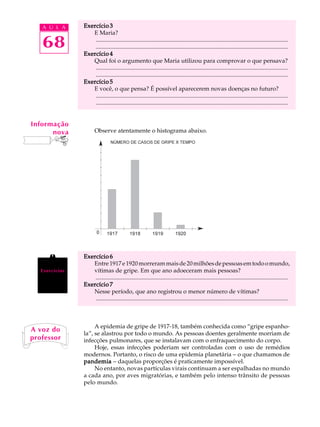 A U L A      Exercício 3
                   E Maria?

   68               ..................................................................................................................................
                    ..................................................................................................................................
                Exercício 4
                   Qual foi o argumento que Maria utilizou para comprovar o que pensava?
                    ..................................................................................................................................
                    ..................................................................................................................................
                Exercício 5
                   E você, o que pensa? É possível aparecerem novas doenças no futuro?
                    ..................................................................................................................................
                    ..................................................................................................................................


Informação
      nova             Observe atentamente o histograma abaixo.




                Exercício 6
                   Entre 1917 e 1920 morreram mais de 20 milhões de pessoas em todo o mundo,
   Exercícios      vítimas de gripe. Em que ano adoeceram mais pessoas?
                    ..................................................................................................................................
                Exercício 7
                   Nesse período, que ano registrou o menor número de vítimas?
                    ..................................................................................................................................



                     A epidemia de gripe de 1917-18, também conhecida como “gripe espanho-
A voz do
                la”, se alastrou por todo o mundo. As pessoas doentes geralmente morriam de
professor       infecções pulmonares, que se instalavam com o enfraquecimento do corpo.
                     Hoje, essas infecções poderiam ser controladas com o uso de remédios
                modernos. Portanto, o risco de uma epidemia planetária - o que chamamos de
                pandemia - daquelas proporções é praticamente impossível.
                     No entanto, novas partículas virais continuam a ser espalhadas no mundo
                a cada ano, por aves migratórias, e também pelo intenso trânsito de pessoas
                pelo mundo.
 