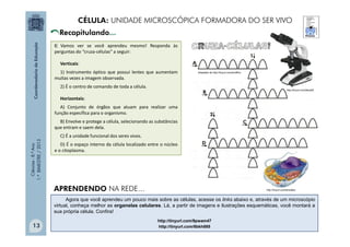 Ciências
-
8.º
Ano
1.º
BIMESTRE
/
2013
http://tinyurl.com/b6u8zfl
Adaptado de http://tinyurl.com/arv86vs
http://tinyurl.com/ahws8ex
Agora que você aprendeu um pouco mais sobre as células, acesse os links abaixo e, através de um microscópio
virtual, conheça melhor as organelas celulares. Lá, a partir de imagens e ilustrações esquemáticas, você montará a
sua própria célula. Confira!
http://tinyurl.com/9pwam47
http://tinyurl.com/8bkh885
I) Vamos ver se você aprendeu mesmo! Responda às
perguntas do “cruza-células” a seguir:
Verticais:
1) Instrumento óptico que possui lentes que aumentam
muitas vezes a imagem observada.
2) É o centro de comando de toda a célula.
Horizontais:
A) Conjunto de órgãos que atuam para realizar uma
função específica para o organismo.
B) Envolve e protege a célula, selecionando as substâncias
que entram e saem dela.
C) É a unidade funcional dos seres vivos.
D) É o espaço interno da célula localizado entre o núcleo
e o citoplasma.
CÉLULA: UNIDADE MICROSCÓPICA FORMADORA DO SER VIVO
APRENDENDO NA REDE...
13
 