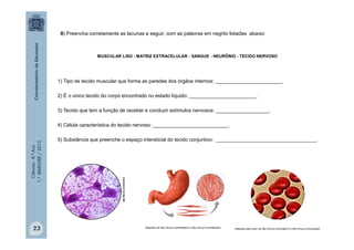 Ciências
-
8.º
Ano
1.º
BIMESTRE
/
2013
1) Tipo de tecido muscular que forma as paredes dos órgãos internos: ________________________.
2) É o único tecido do corpo encontrado no estado líquido: ________________________.
3) Tecido que tem a função de receber e conduzir estímulos nervosos: ___________________.
4) Célula característica do tecido nervoso: ___________________________.
5) Substância que preenche o espaço intersticial do tecido conjuntivo: ____________________________________.
II) Preencha corretamente as lacunas a seguir, com as palavras em negrito listadas abaixo:
MUSCULAR LISO - MATRIZ EXTRACELULAR - SANGUE - NEURÔNIO - TECIDO NERVOSO
Adaptado de http://tinyurl.com/b8zaqv5 e http://tinyurl.com/b6qdlam Adaptado pelo autor de http://tinyurl.com/clglw7x e http://tinyurl.com/coghqfv
23
 