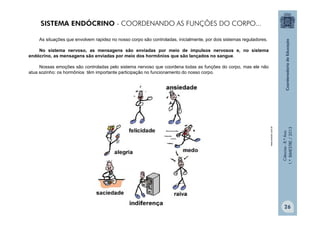 Ciências
-
8.º
Ano
1.º
BIMESTRE
/
2013
As situações que envolvem rapidez no nosso corpo são controladas, inicialmente, por dois sistemas reguladores.
No sistema nervoso, as mensagens são enviadas por meio de impulsos nervosos e, no sistema
endócrino, as mensagens são enviadas por meio dos hormônios que são lançados no sangue.
Nossas emoções são controladas pelo sistema nervoso que coordena todas as funções do corpo, mas ele não
atua sozinho: os hormônios têm importante participação no funcionamento do nosso corpo.
www.enscer.com.br
SISTEMA ENDÓCRINO - COORDENANDO AS FUNÇÕES DO CORPO...
26
 
