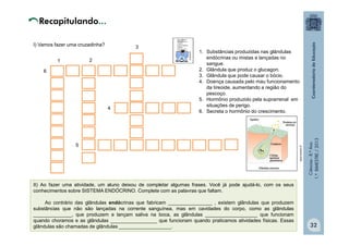 Ciências
-
8.º
Ano
1.º
BIMESTRE
/
2013
I) Vamos fazer uma cruzadinha?
1. Substâncias produzidas nas glândulas
endócrinas ou mistas e lançadas no
sangue.
2. Glândula que produz o glucagon.
3. Glândula que pode causar o bócio.
4. Doença causada pelo mau funcionamento
da tireoide, aumentando a região do
pescoço.
5. Hormônio produzido pela suprarrenal em
situações de perigo.
6. Secreta o hormônio do crescimento.
6
1 2
5
4
3
II) Ao fazer uma atividade, um aluno deixou de completar algumas frases. Você já pode ajudá-lo, com os seus
conhecimentos sobre SISTEMA ENDÓCRINO. Complete com as palavras que faltam.
Ao contrário das glândulas endócrinas que fabricam ________________ , existem glândulas que produzem
substâncias que não são lançadas na corrente sanguínea, mas em cavidades do corpo, como as glândulas
______________, que produzem e lançam saliva na boca, as glândulas ___________________ que funcionam
quando choramos e as glândulas _________________ que funcionam quando praticamos atividades físicas. Essas
glândulas são chamadas de glândulas ___________________.
www.preujct.c
l
32
 