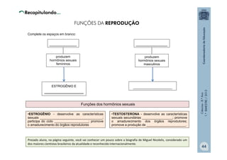 Ciências
-
8.º
Ano
1.º
BIMESTRE
/
2013
_____________ _______________
produzem
hormônios sexuais
femininos
produzem
hormônios sexuais
masculinos
ESTROGÊNIO E
______________________
______________________
Funções dos hormônios sexuais
•ESTROGÊNIO - desenvolve as características
sexuais ___________________________________;
participa do ciclo ___________________; promove
o amadurecimento do órgãos reprodutores
•TESTOSTERONA - desenvolve as características
sexuais secundárias _________________; promove
o amadurecimento dos órgãos reprodutores;
promove a produção de ______________________.
FUNÇÕES DA REPRODUÇÃO
Complete os espaços em branco:
Prezado aluno, na página seguinte, você vai conhecer um pouco sobre a biografia de Miguel Nicolelis, considerado um
dos maiores cientistas brasileiros da atualidade e reconhecido internacionalmente.
44
 