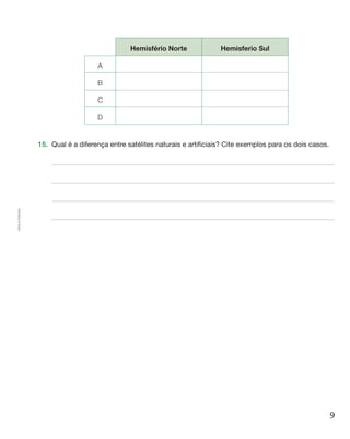 9
Cópiaautorizada.
Hemisfério Norte Hemisferio Sul
A
B
C
D
15.	 Qual é a diferença entre satélites naturais e artificiais? Cite exemplos para os dois casos.
 