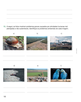 10
Cópiaautorizada.
15.	 A seguir, as fotos mostram problemas graves causados por atividades humanas mal
planejadas e não sustentáveis. Identifique os problemas ambientais de cada imagem.
a) b) c)
FabioColombini
RicardoCavalcanti/Kino
AdriFelden/Argosfoto
d) e) f)
DimitarDilkoff/AFP/GettyImages
EpitácioPessoa/AgênciaEstado
CleoVelleda/Folhapress
 