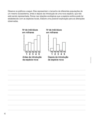 4
Cópiaautorizada.
	 Observe os gráficos a seguir. Eles representam o tamanho de diferentes populações de
um mesmo ecossistema, antes e depois da introdução de uma nova espécie, que não
está sendo representada. Pense nas relações ecológicas que a espécie exótica pode ter
estabelecido com as espécies locais. Elabore uma possível explicação para as alterações
observadas.
 