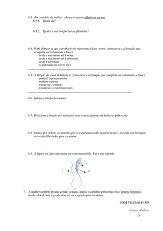 3
6.3. Ao contrário da mulher, o homem possui glândulas anexas.
6.3.1. Quais são?
6.3.2. Qual é a sua função destas glândulas?
6.4. Pode afirmar-se que a produção de espermatozóides ocorre: (transcreve a afirmação que
completa correctamente a frase)
desde o nascimento até à morte.
desde o nascimento até à puberdade.
desde a puberdade.
da puberdade até aos 50 anos.
_____________________________________________________________________
6.5. A função do canal deferente é: (transcreve a afirmação que completa correctamente a frase)
produzir espermatozóides.
produzir esperma.
transportar o embrião.
transportar os espermatozóides.
_____________________________________________________________________
6.6. Indica a função do escroto.
6.7. Relaciona a função dos testículos com o aparecimento da barba na puberdade.
6.8. Indica, por ordem, o caminho que os espermatozóides seguem desde o local da sua formação
até serem libertados para o exterior.
6.9. A figura ao lado representa um espermatozóide. Faz a sua legenda.
3
1 2
7. A mulher também produz células sexuais. Indica o caminho percorrido pelo gâmeta feminino,
desde o local onde é produzido até ser expelido para o exterior.
BOM TRABALHO!!!
Cristina Pinheiro
 