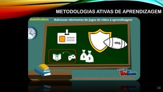 26
Adicionar elementos de jogos de vídeo à aprendizagem
https://www.youtube.com/watch?v=erXMer7VIs4
Gamification
METODOLOGIAS ATIVAS DE APRENDIZAGEM
 