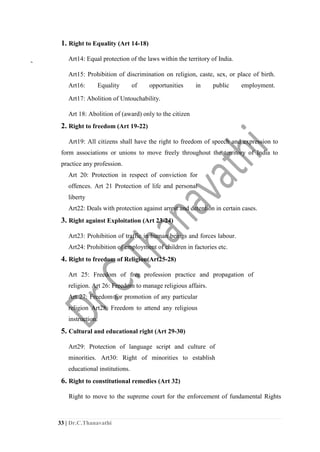 33 | Dr.C.Thanavathi
1. Right to Equality (Art 14-18)
Art14: Equal protection of the laws within the territory of India.
Art15: Prohibition of discrimination on religion, caste, sex, or place of birth.
Art16: Equality of opportunities in public employment.
Art17: Abolition of Untouchability.
Art 18: Abolition of (award) only to the citizen
2. Right to freedom (Art 19-22)
Art19: All citizens shall have the right to freedom of speech and expression to
form associations or unions to move freely throughout the territory of India to
practice any profession.
Art 20: Protection in respect of conviction for
offences. Art 21 Protection of life and personal
liberty
Art22: Deals with protection against arrest and detention in certain cases.
3. Right against Exploitation (Art 23-24)
Art23: Prohibition of traffic in human beings and forces labour.
Art24: Prohibition of employment of children in factories etc.
4. Right to freedom of Religion(Art25-28)
Art 25: Freedom of free profession practice and propagation of
religion. Art 26: Freedom to manage religious affairs.
Art 27: Freedom for promotion of any particular
religion Art28: Freedom to attend any religious
instruction.
5. Cultural and educational right (Art 29-30)
Art29: Protection of language script and culture of
minorities. Art30: Right of minorities to establish
educational institutions.
6. Right to constitutional remedies (Art 32)
Right to move to the supreme court for the enforcement of fundamental Rights
 
