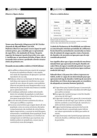 Questão 41                                                   Questão 42

Observe a figura abaixo:                                     Observe a tabela abaixo:




Vemos uma ilustração (xilogravura) de M C Escher
chamada de Sky and Water I, de 1938.                         A tabela de Parâmetros de Potabilidade nos informa
Podemos observar uma parte escura (água) na qual             as concentrações máximas permitidas de coliformes
existem peixes, que, à medida que se aproximam               fecais (bactérias normalmente encontradas no intes-
da superfície, vão mudando de forma. Na parte                tino de animais de sangue quente, como o homem),
superior da imagem é possível perceber aves, que,            de chumbo e de mercúrio na água para que ela seja
à medida que se aproximam da linha-d'água, vão se            considerada potável.
tornando mais escuras e perdendo a forma caracte-
rística da primeira ave.                                     Isso significa dizer que a água extraída de uma deter-
                                                             minada fonte que apresenta 0,10 mg de chumbo em
Pensando em uma análise evolutiva é FALSO afirmar:           cada 2 litros de água é considerada potável. Isso por-
                                                             que a concentração desse metal nessa água continua
   a)	Os anfíbios se desenvolveram a partir de um grupo      sendo de 0,05 mg/l.
       de peixes de nadadeiras lobadas, e não raiadas,
       mas ainda são dependentes da água para o período      Sabendo disso, e de posse dos valores expressos na
       reprodutivo de sua vida.                              tabela, avalie se a água de um determinado poço que
   b)	Podemos observar na ilustração de Escher que os        apresenta 0,10 mg de chumbo e 0,010 mg de mercúrio
       indivíduos são capazes de transformar seu corpo       dissolvidos em 5 litros dessa água pode ser considera-
       a partir do uso e desuso de partes, como podemos      da adequada ao consumo humano (potável).
       observar nas patas das aves desaparecendo e as na-
       dadeiras dos peixes ficando mais brancas à medida        a)	A água desse poço é potável porque a concentração
       que se aproximam do ar.                                      de chumbo e de mercúrio está abaixo de 0,001 mg/L
   c)	 As mudanças ambientais acabam selecionando                   para ambos os metais.
       dentro da variedade da população os indivíduos           b)	Essa água não é potável porque o nível de chumbo
       que conseguem sobreviver, e dessa forma transmitir           está acima de 0,05 mg/l.
       seus genes às gerações futuras.                          c)	 A água não é potável, pois, apesar de a concentração
   d)	As aves são mais recentes na história da vida na              de chumbo ser de 0,01 mg/l, que é inferior ao limite
       Terra que os anfíbios e os peixes.                           máximo aceitável, a concentração de mercúrio é o
   e)	As novas características que surgem dentro de uma             dobro do limite máximo recomendado.
       população, como cor, novas estruturas, alterações        d)	A água é potável porque apresenta nível zero de
       comportamentais, são resultado de vários fatores,            coliformes fecais e concentração muito inferior
       alguns imprevisíveis, e ocorrem no nível dos genes,          aos valores apresentados na tabela para ambos os
       aumentando a variabilidade dessa população. Essas            metais.
       mudanças podem ser benéficas e se constituir em          e)	A água desse poço não é potável porque apresenta
       vantagem para os indivíduos que as portam, mas               níveis de chumbo e coliformes fecais muito acima
       também podem ser prejudiciais, e nesse caso se               do permitido.
       constituírem numa desvantagem.




                                                                                   CIÊNCIAS DA NATUREZA E SUAS TECNOLOGIAS   23
 
