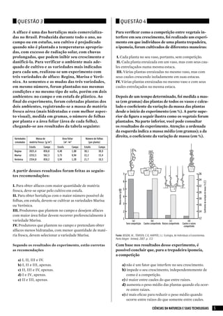 Questão 3                                                                              Questão 4

A alface é uma das hortaliças mais comercializa-                               Para verificar como a competição entre vegetais in-
das no Brasil. Produzida durante todo o ano, no                                terfere em seu crescimento, foi realizado um experi-
campo ou em estufas, seu cultivo é prejudicado                                 mento em que indivíduos de uma planta trepadeira,
quando não é plantada a temperaturas apropria-                                 a ipomeia, foram cultivados de diferentes maneiras:
das, com excesso de radiação solar, com chuvas
prolongadas, que podem inibir seu crescimento e                                	I.	Cada planta no seu vaso, portanto, sem competição.
danificá-la. Para verificar o ambiente mais ade-                               	II.	Cada planta enraizada em um vaso, mas com seus cau-
quado de cultivo e as variedades mais indicadas                                les entrelaçados numa mesma estaca.
para cada um, realizou-se um experimento com                                   	III.	Várias plantas enraizadas no mesmo vaso, mas com
três variedades de alface: Regina, Marisa e Verô-                              seus caules crescendo isoladamente em suas estacas.
nica. As sementes e as mudas das três variedades,                              IV.	Várias plantas enraizadas no mesmo vaso e com seus
em mesmo número, foram plantadas nas mesmas                                    caules entrelaçados na mesma estaca.
condições e no mesmo tipo de solo, porém em dois
ambientes: no campo e em estufa de plástico. Ao                                Depois de um tempo determinado, foi medida a mas-
final do experimento, foram coletadas plantas dos                              sa (em gramas) das plantas de todos os vasos e calcu-
dois ambientes, registrando-se a massa de matéria                              lado o coeficiente da variação da massa das plantas
fresca aérea (mais hidratadas e com melhor aspec-                              desde o início do experimento (em %). A parte supe-
to visual), medida em gramas, o número de folhas                               rior da figura a seguir ilustra como os vegetais foram
por planta e a área foliar (área de cada folha),                               plantados. Na parte inferior, você pode consultar
chegando-se aos resultados da tabela seguinte:                                 os resultados do experimento. Atenção: a ordenada
                                                                               da esquerda indica a massa média (em gramas); a da
                                                                               direita, o coeficiente da variação de massa (em %).
 Variedades         Massa de              Área foliar       Número de folhas
 estudadas    matéria fresca (g/m2)        (m2 /m2)           (por planta)
              Estufa       Campo      Estufa       Campo   Estufa      Campo
 Regina       2021,4       856,8      4,48         1,88    38,1        30,0
 Marisa       2253,5       562,3      3,73         0,94    22,2        15,4
 Verônica     2354,8       850,2      3,94         1,28    21,7        16,5



A partir desses resultados foram feitas as seguin-
                                                                                                   7                                                                            26
tes recomendações:
                                                                                                                                                                                24
                                                                                                   6




                                                                                                                                                                                     Coeficiente da variação de massa (%)
I. Para obter alfaces com maior quantidade de matéria                                                                                                                           22
                                                                                                   5
fresca, deve-se optar pelo cultivo em estufa.                                                                                                                                   20
                                                                                 Massa média (g)




II. Para obter hortaliças com o maior número possível de                                           4
                                                                                                                                                                                18
folhas, em estufa, devem-se cultivar as variedades Marisa
                                                                                                   3                                                                            16
ou Verônica.
III. Produtores que plantem no campo e desejem alfaces                                             2                                                                            14
com maior área foliar devem recorrer preferencialmente à
                                                                                                   1                                                                            12
variedade Marisa.                                                                                            (a)                (b)               (c)              (d)
                                                                                                       Sem competição   Caules competindo Raízes competindo   Caules e raízes
IV. Produtores que plantem no campo e pretendam obter                                                                                                          competindo
alfaces menos hidratadas, com menor quantidade de maté-
ria fresca, devem selecionar a variedade Marisa.                               Fonte: BegON, M., TOWseN, C.R, HARpeR, J.L. Ecologia, de Indivíduos a Ecossistemas.
                                                                               porto Alegre: Artmed, 2007. p. 153

Segundo os resultados do experimento, estão corretas                           Com base nos resultados desse experimento, é
as recomendações                                                               possível concluir que, para a trepadeira ipomeia,
                                                                               a competição
    a) I, II, III e IV.
    b) I, II e III, apenas.                                                                        a) não é um fator que interfere no seu crescimento.
    c) II, III e IV, apenas.                                                                       b) impede o seu crescimento, independentemente de
    d) I e IV, apenas.                                                                                como é a competição.
    e) II e III, apenas.                                                                           c) é maior entre caules do que entre raízes.
                                                                                                   d) aumenta o peso médio das plantas quando ela ocor-
                                                                                                      re entre raízes.
                                                                                                   e) é mais eficaz para reduzir o peso médio quando
                                                                                                      ocorre entre raízes do que somente entre caules.

                                                                                                                                CIÊNCIAS DA NATUREZA E SUAS TECNOLOGIAS                                                     5
 