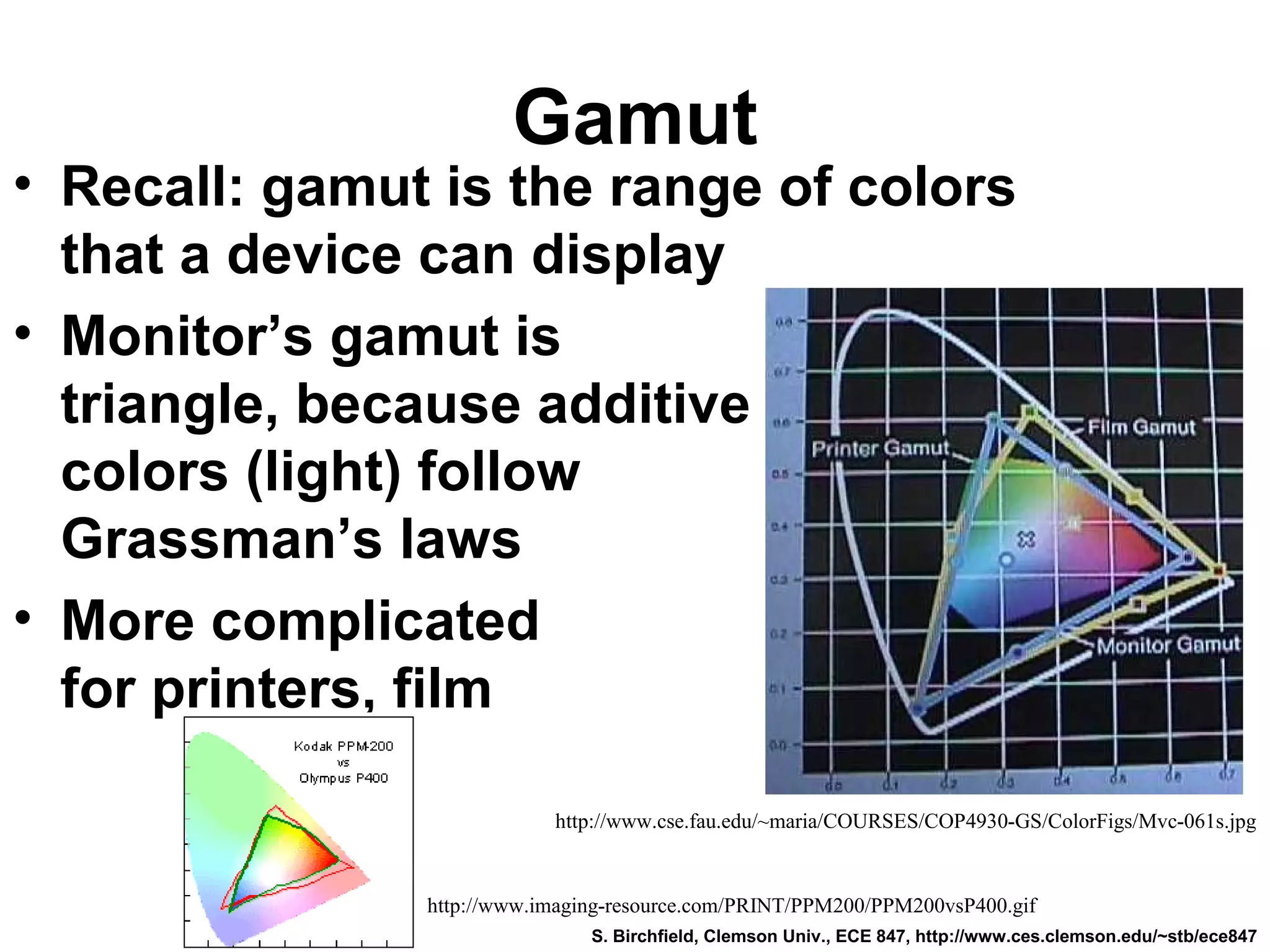 Gamut
• Recall: gamut is the range of colors
that a device can display
• Monitor’s gamut is
triangle, because additive
colors (light) follow
Grassman’s laws
• More complicated
for printers, film
http://www.imaging-resource.com/PRINT/PPM200/PPM200vsP400.gif
http://www.cse.fau.edu/~maria/COURSES/COP4930-GS/ColorFigs/Mvc-061s.jpg
S. Birchfield, Clemson Univ., ECE 847, http://www.ces.clemson.edu/~stb/ece847
 
