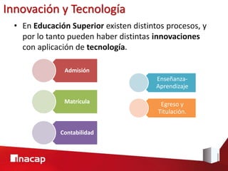 Innovación y Tecnología
  • En Educación Superior existen distintos procesos, y
    por lo tanto pueden haber distintas innovaciones
    con aplicación de tecnología.

               Admisión
                                         Enseñanza-
                                         Aprendizaje

               Matrícula                  Egreso y
                                         Titulación.


              Contabilidad
 
