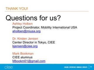 THANK YOU! 
Questions for us? 
53 
Ashley Holben 
Project Coordinator, Mobility International USA 
aholben@miusa.org 
Dr. ...