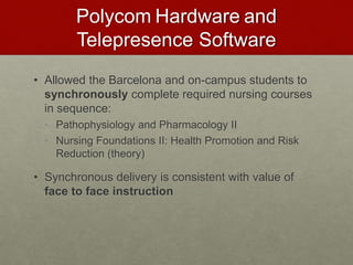 Polycom Hardware and 
Telepresence Software 
• Allowed the Barcelona and on-campus students to 
synchronously complete required nursing courses 
in sequence: 
• Pathophysiology and Pharmacology II 
• Nursing Foundations II: Health Promotion and Risk 
Reduction (theory) 
• Synchronous delivery is consistent with value of 
face to face instruction 
 