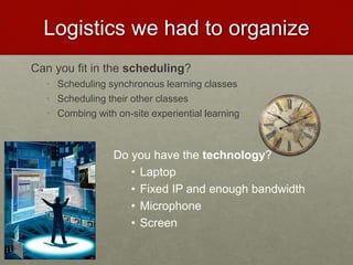 Logistics we had to organize 
Can you fit in the scheduling? 
• Scheduling synchronous learning classes 
• Scheduling thei...