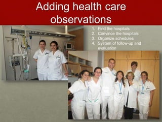 Adding health care 
observations 
1. Find the hospitals 
2. Convince the hospitals 
3. Organize schedules 
4. System of fo...