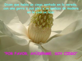 “ Dicen que había un ciego sentado en la vereda, con una gorra a sus pies y un pedazo de madera en la cual se leía: “ POR FAVOR, AYÚDENME, SOY CIEGO”