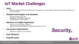 IoT Market Challenges 
• Scale 
– Billions of devices (identity & authentication management, in-field updates, dynamic interactions, big data, real 
time data mgmt.) 
• Multiple technologies and standards 
– Creation of technology silos 
– Established / emerging / competing 
– Standardization is a key enabler 
• Solutions are highly fragmented 
– Need for common/flexible platforms 
– Applications environments with multiple PKIs or Roots of Trust 
• Low power requirements 
– Operate for 2 years on a coin battery 
• Cost limitation 
• Long life cycles 
Security 
IoT & Security: presented Thursday, September 4th, 2014 by Amit Rohatgi at CIE-SF 10 
 
