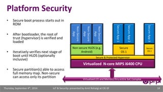 Platform Security 
• Secure boot process starts out in 
ROM 
• After bootloader, the root of 
trust (hypervisor) is verified and 
loaded 
• Iteratively verifies next stage of 
boot until HLOS (optionally 
inclusive) 
• Secure partition(s) able to access 
full memory map. Non-secure 
can access only its partition 
Non-Secure 
App 
Non-Secure 
App 
Non-Secure 
App 
Non-secure HLOS (e.g. 
Android) 
Secure App 1 
Secure App 2 
Secure 
OS 1 
Secure App 3 
Secure & Protected Hypervisor 
Virtualized N-core MIPS i6400 CPU 
Virtualized I/O and Memory thru entire SoC Complex 
Secure 
OS 2 
IoT & Security: presented Thursday, September 4th, 2014 by Amit Rohatgi at CIE-SF 14 
 