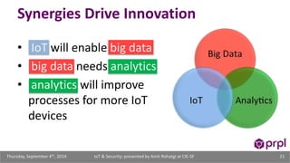 Synergies Drive Innovation 
• IoT will enable big data 
• big data needs analytics 
• analytics will improve 
processes for more IoT 
devices 
IoT & Security: presented Thursday, September 4th, 2014 by Amit Rohatgi at CIE-SF 21 
 