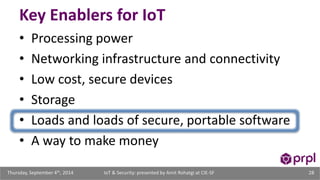 Key Enablers for IoT 
• Processing power 
• Networking infrastructure and connectivity 
• Low cost, secure devices 
• Storage 
• Loads and loads of secure, portable software 
• A way to make money 
IoT & Security: presented Thursday, September 4th, 2014 by Amit Rohatgi at CIE-SF 28 
 