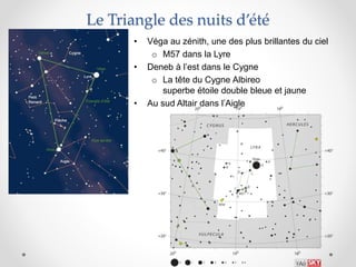 Le Triangle des nuits d’été
• Véga au zénith, une des plus brillantes du ciel
o M57 dans la Lyre
• Deneb à l’est dans le Cygne
o La tête du Cygne Albireo
superbe étoile double bleue et jaune
• Au sud Altair dans l’Aigle
 