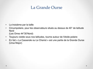 La Grande Ourse
• La troisième par la taille
• Circumpolaire, pour les observateurs situés au dessus de 40° de latitude
Nord
(Les Orres 44°30’Nord)
• Toujours visible sous nos latitudes, tourne autour de l’étoile polaire
• En fait « La Casserole ou Le Chariot » est une partie de la Grande Ourse
(Ursa Major)
 