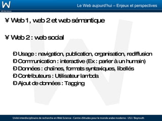 Web 1, web 2 et web sémantique Web 2 : web social Usage : navigation, publication, organisation, rediffusion Communication : interactive (Ex : parler à un humain) Données : chaînes, formats syntaxiques, libellés Contributeurs : Utilisateur lambda Ajout de données : Tagging 