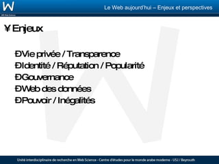 Enjeux Vie privée / Transparence Identité / Réputation / Popularité Gouvernance Web des données Pouvoir / Inégalités 