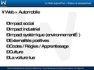 Web = Automobile Impact social Impact industriel Impact systémique (environnement…) Externalités positives Codes / Règles / Apprentissage Culture La voiture tue 