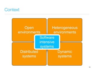 Context
10
Open
environments
Heterogeneous
environments
Distributed
systems
Dynamic
systems
Software
intensive
systems
 